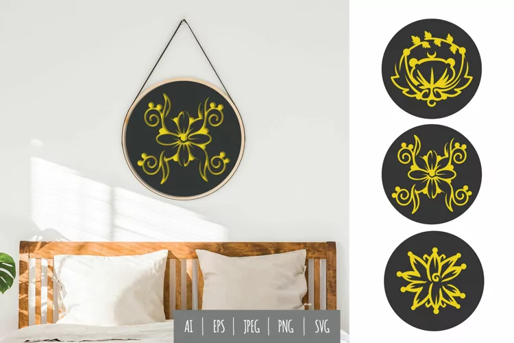 Flower with Swirls and Leaves in Round Shaped Template Set