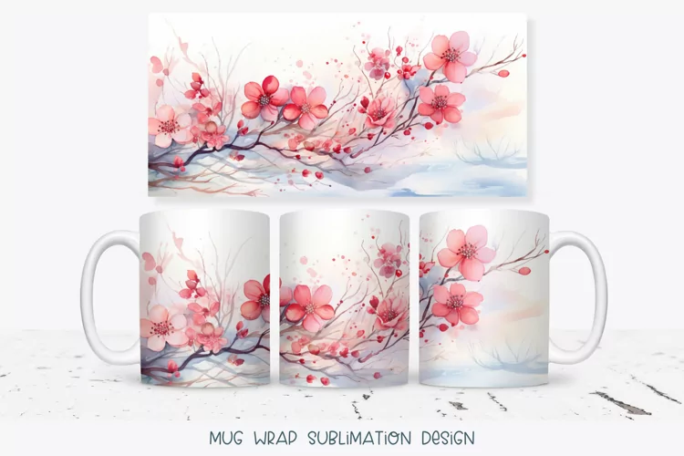 Floral Mug Wrap | Watercolor Cherry Blossom Mug Sublimation