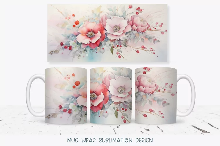 Floral Mug Wrap | Watercolor Christmas Flowers Mug Wrap