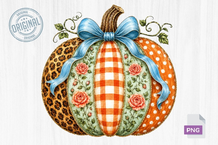 Floral Patchwork Pumpkin with Bow PNG Design