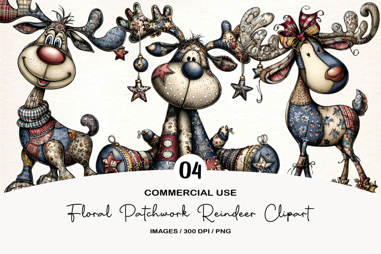 Floral Patchwork Reindeer Clipart
