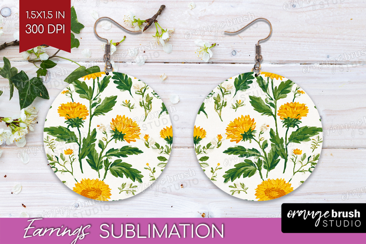 Floral Round Earrings - Spring Flowers PNG Sublimation
