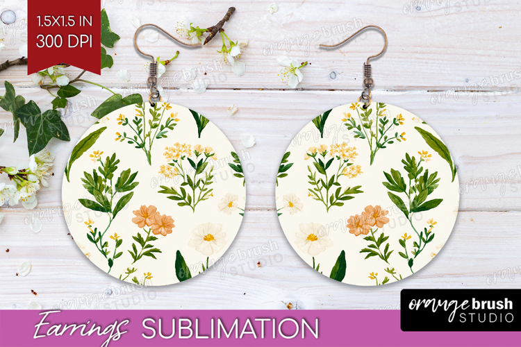 Floral Round Earrings - Spring Flowers PNG Sublimation