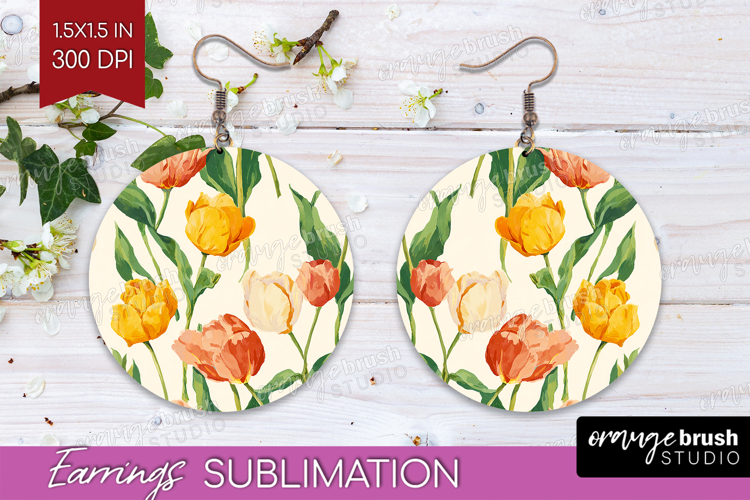 Floral Round Earrings - Spring Flowers PNG Sublimation