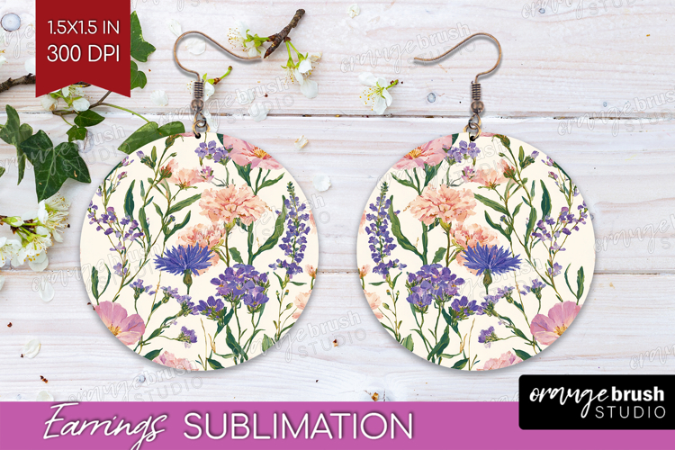 Floral Round Earrings - Spring Flowers PNG Sublimation