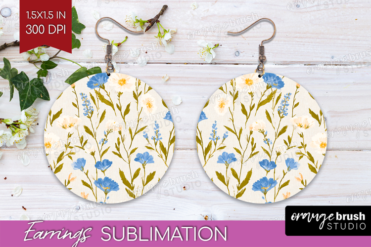 Floral Round Earrings - Spring Flowers PNG Sublimation