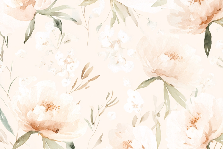 Watercolor Peony Floral Pattern with Green Leaves