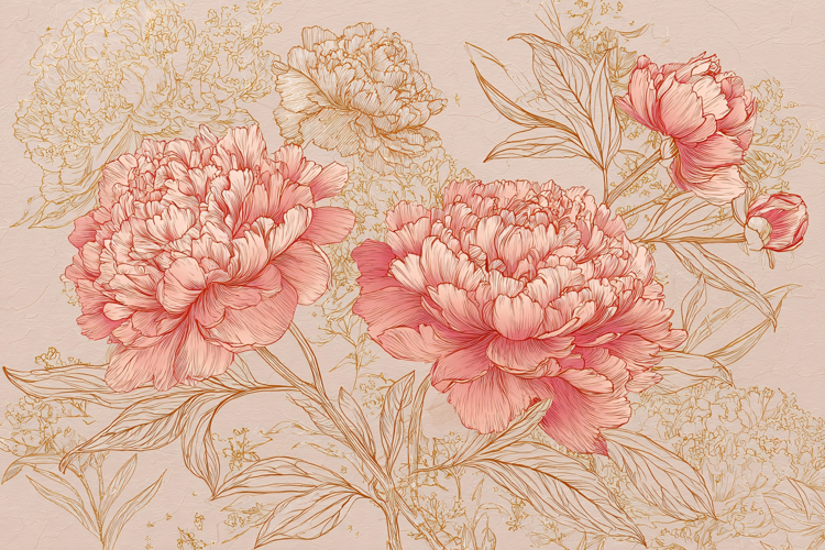 Peach Flower Watercolor Pattern with Sage Green Leaves