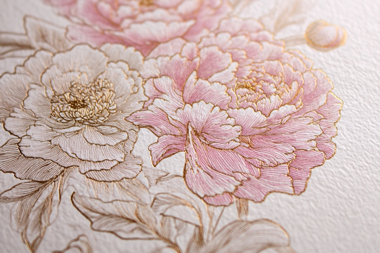 Pink Cherry Blossoms with Gold Leaves Floral Background