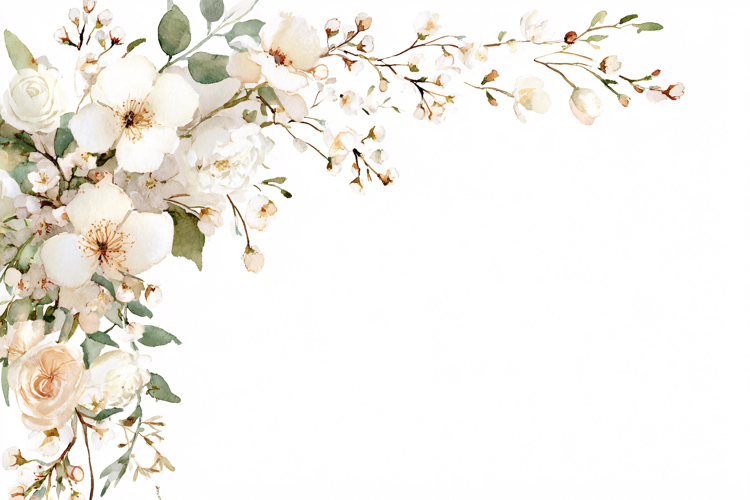 White & Beige Rose Watercolor Floral Border