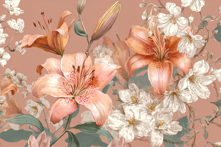 Peach Flower Watercolor Pattern with Teal Leaves