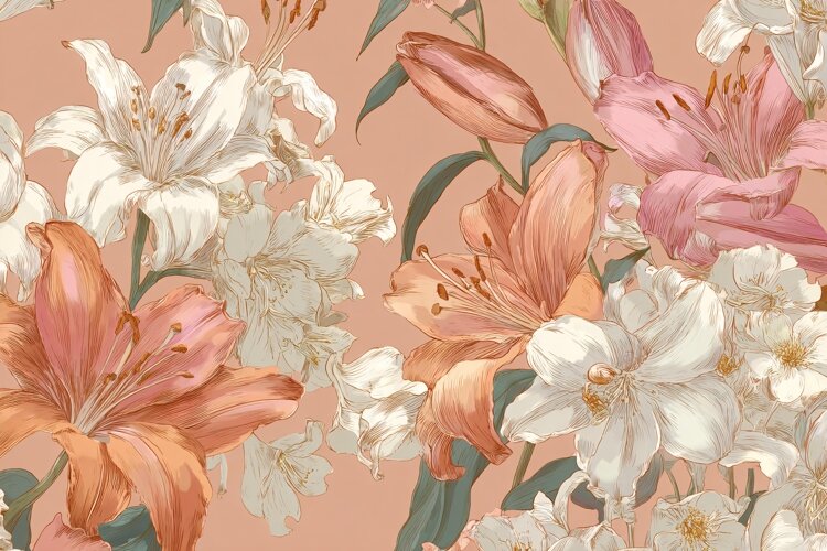 Pink Peony Floral Pattern with Gold Foil Line Art example image 1