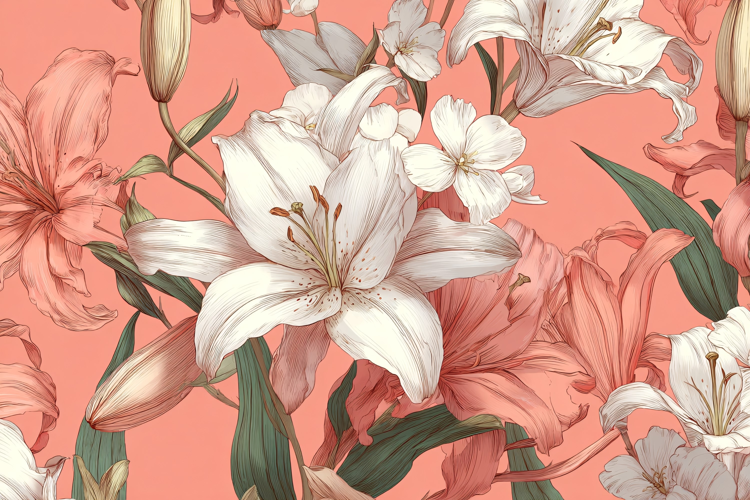Peach Flower Watercolor Pattern with Teal Leaves