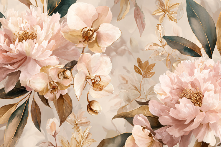 Blush Pink Watercolor Floral Pattern with Green Leaves