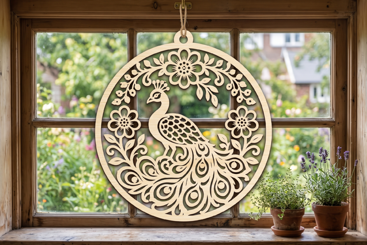 Floral Peacock Round Wooden Ornament, Peacock Ornament SVG