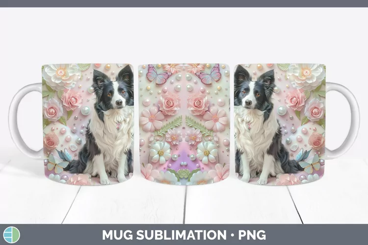 Floral Pearl Dog Border Collie Mug Wrap Sublimation Coffee C