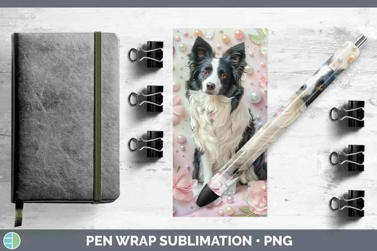 Floral Pearl Dog Border Collie Pen Wrap Sublimation Pen Desi