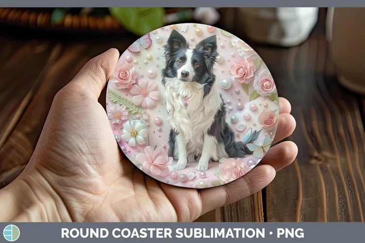 Floral Pearl Dog Border Collie Round Coaster Sublimation Coa
