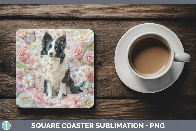 Floral Pearl Dog Border Collie Square Coaster Sublimation Co