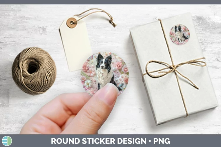 Floral Pearl Dog Border Collie Stickers | Round Labels Desig