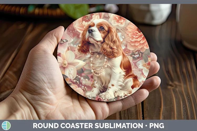 Floral Pearl Dog Cavalier King Charles Spaniel Round Coaster