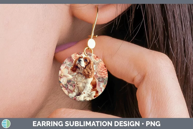 Floral Pearl Dog Cavalier King Charles Spaniel Round Earring