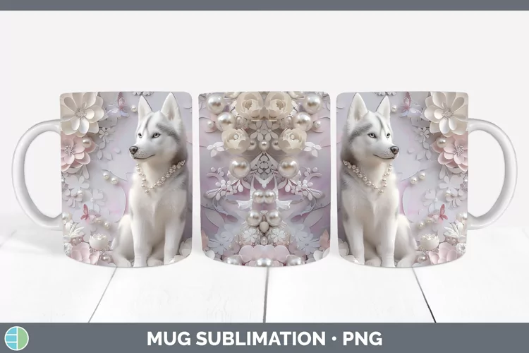 Floral Pearl Dog Husky Mug Wrap Sublimation Coffee Cup Desig