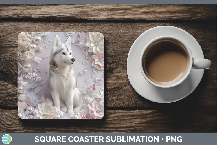 Floral Pearl Dog Husky Square Coaster Sublimation Coaster De
