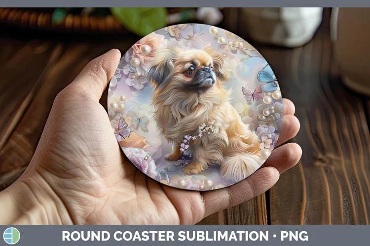 Floral Pearl Dog Pekingese Round Coaster Sublimation Coaster