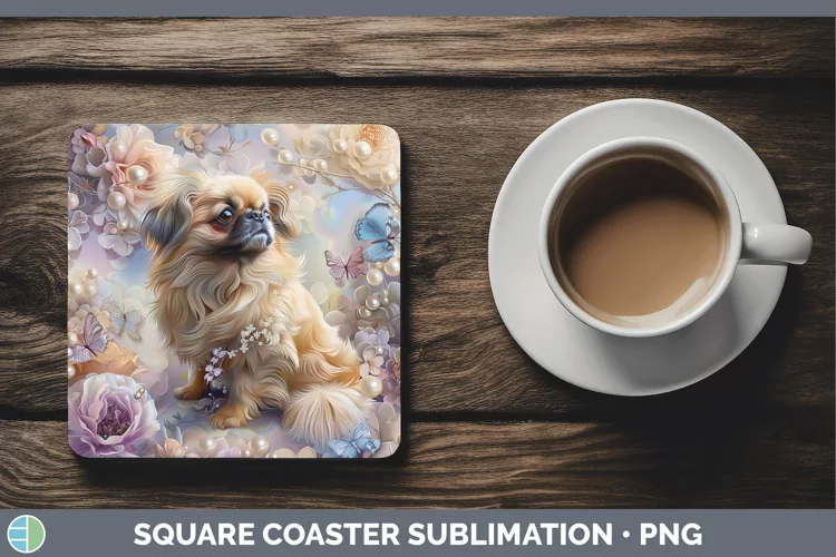 Floral Pearl Dog Pekingese Square Coaster Sublimation Coaste