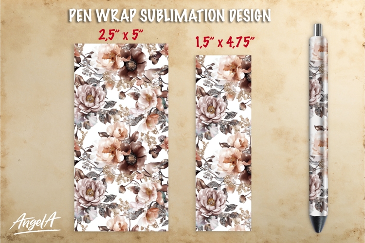 Floral pen wrap sublimation, brown flowers roses pen PNG