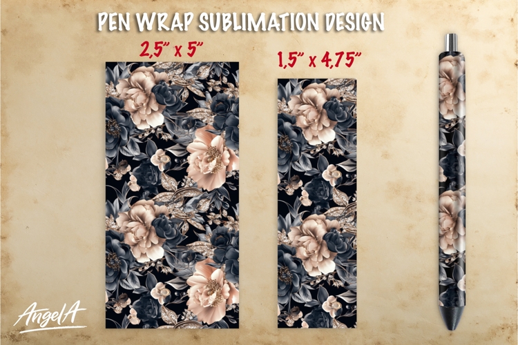 Black floral pen wrap sublimation, brown roses pen PNG