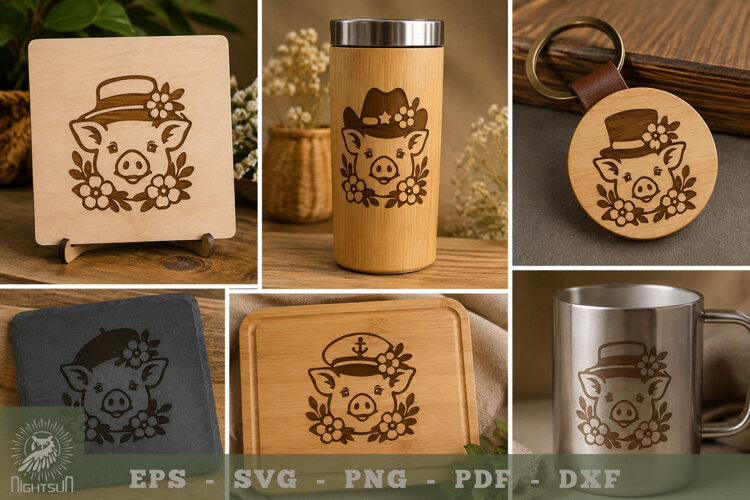 Floral Pig Lasercut Engraving Collection example image 1