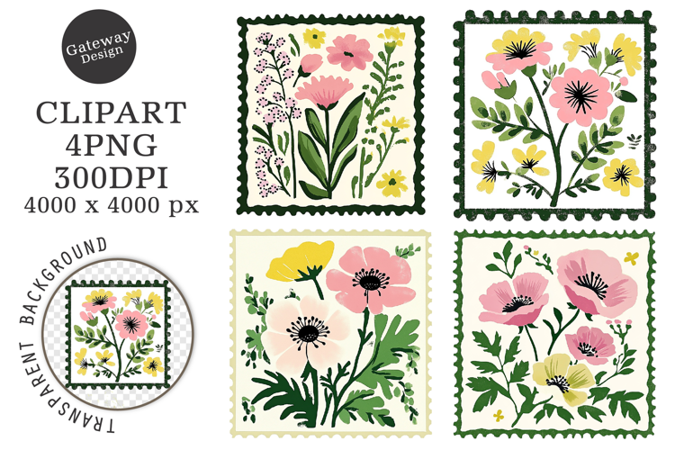 Floral Postage Stamp Stickers Clipart
