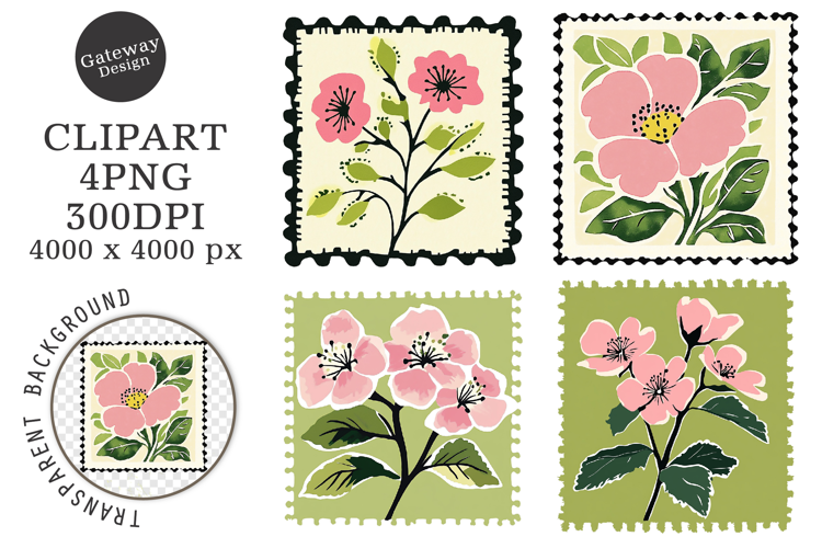 Floral Postage Stamp Stickers Clipart