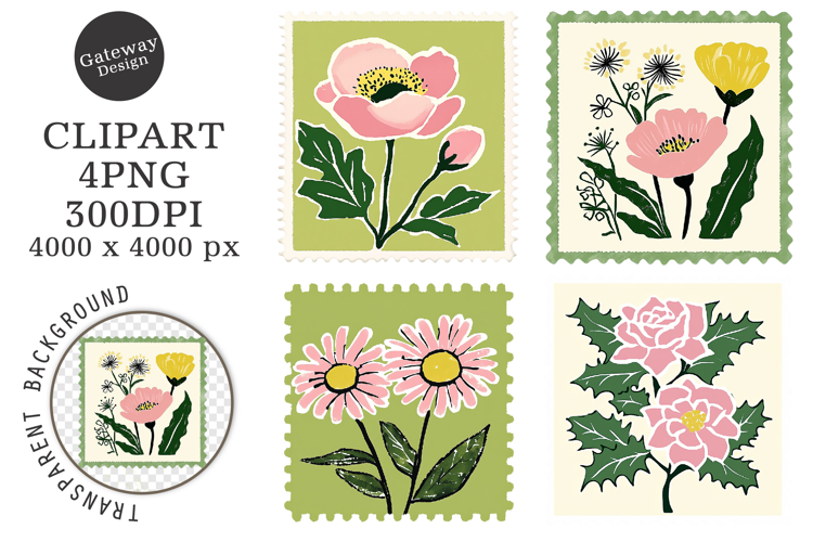 Floral Postage Stamp Stickers Clipart