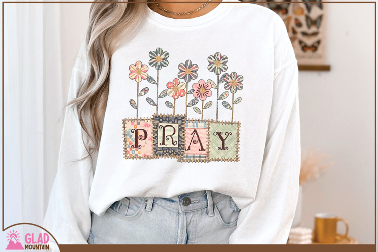 Patchwork Pray with watercolor flowers, Floral pray png