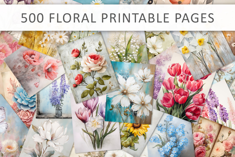 500 Vintage Floral Printable Pages, Grunge Flower Art