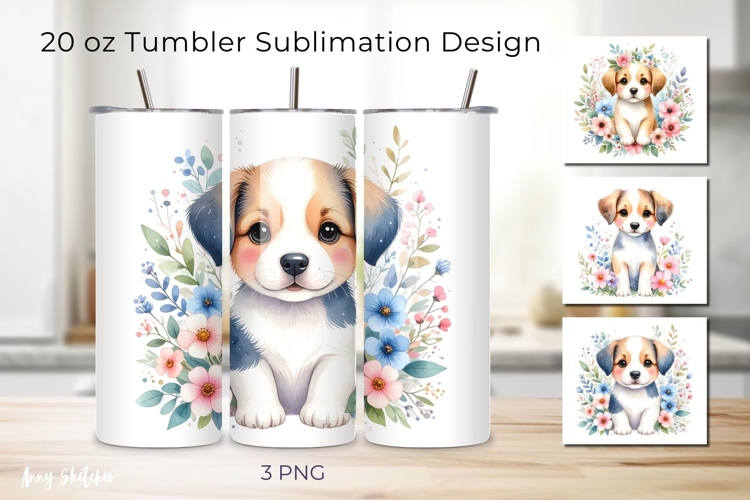 3 Cute Floral Puppy Watercolor Clipart 20 oz Tumbler Wrap