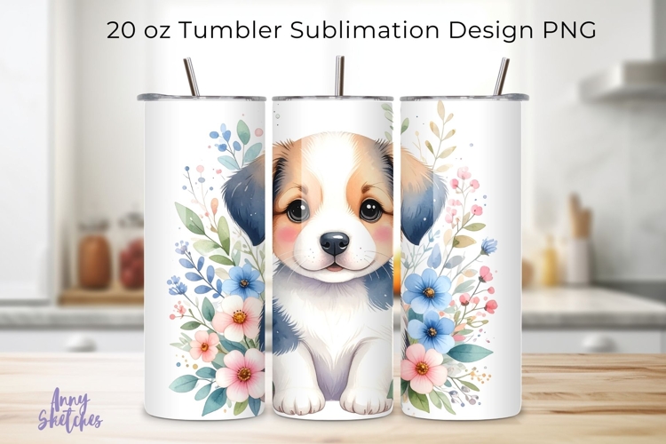 Cute Floral Puppy Watercolor Clipart 20 oz Tumbler Wrap