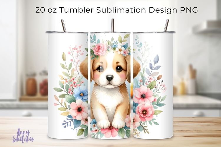 Cute Floral Puppy Watercolor Clipart 20 oz Tumbler Wrap