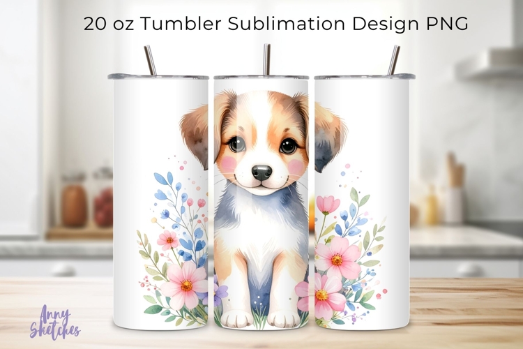 Cute Floral Puppy Watercolor Clipart 20 oz Tumbler Wrap