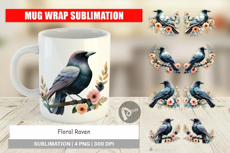 Mug Wrap Design Floral Raven Watercolor