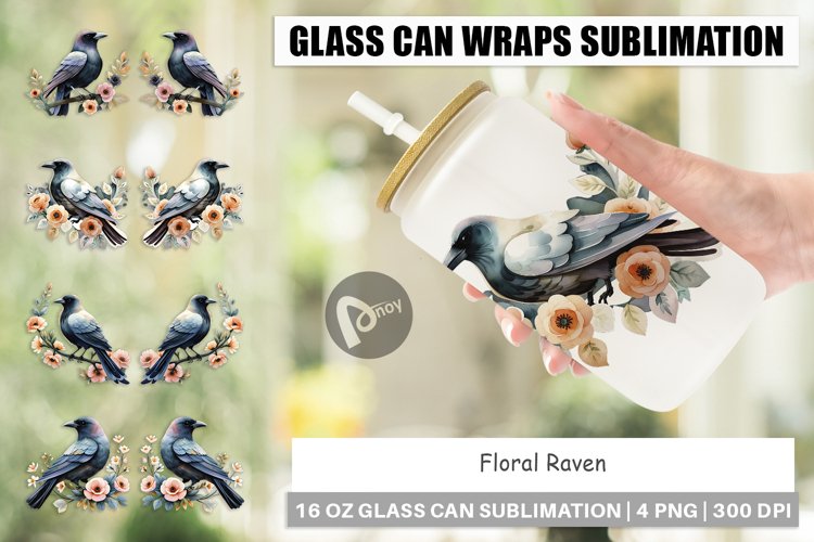 Glass Can Wraps Floral Raven Watercolor