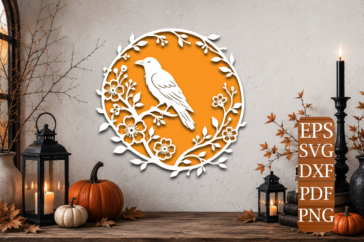 Floral Raven Circle Laser Cut SVG