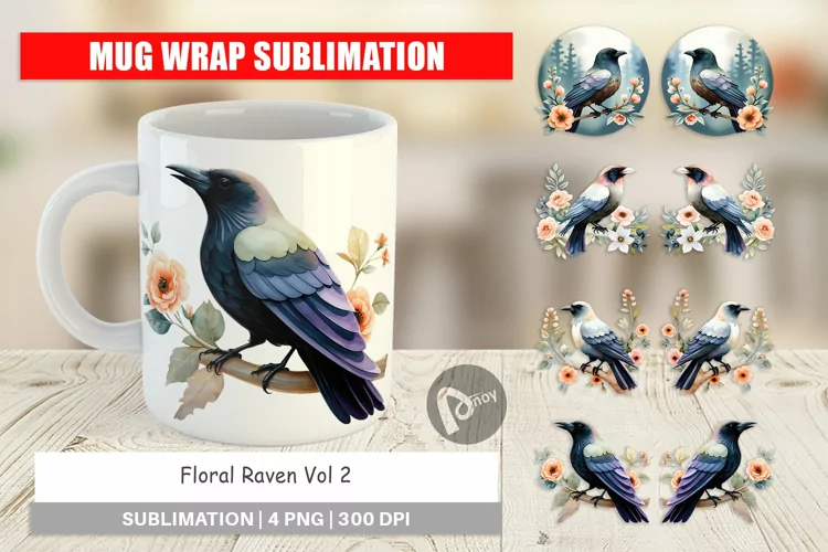 Mug Wrap Design Floral Raven Watercolor