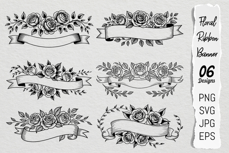 Rose Floral Ribbon Banner SVG PNG Bundle