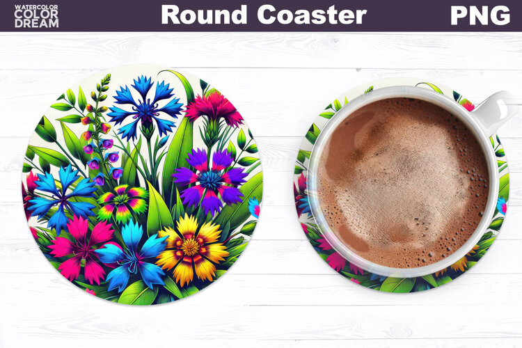 Wildflowers Round Coaster | Neon Floral Coaster example image 1