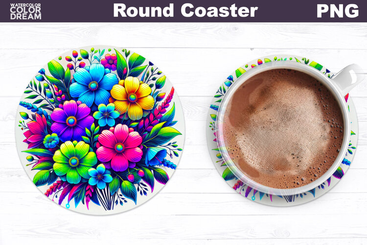 Wildflowers Round Coaster | Neon Floral Coaster example image 1
