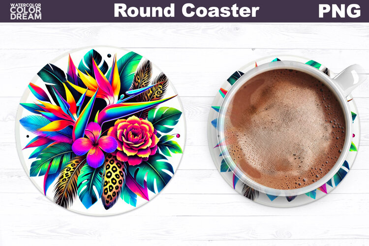 Tropical Flower Round Coaster | Neon Flowers Coaster example image 1